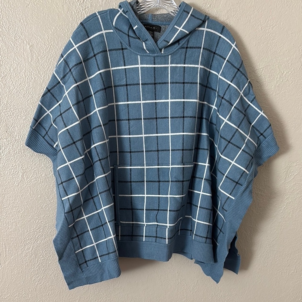 Women’s Tahari Hooded Poncho Warm Sweater, Blue, One Size, Plaid